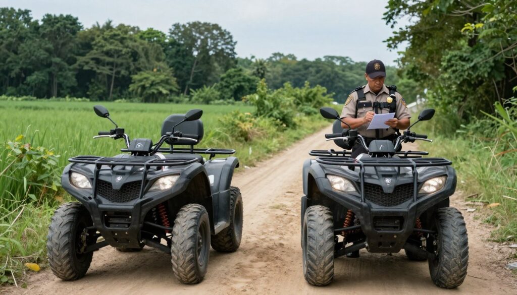 A detailed scene depicting a quad bike parked on a dirt road surrounded by lush green fields and dense forest, illustrating a typical scenario of a traffic control stop. In the foreground, the quad bike stands prominently, showcasing its rugged design. In the middle ground, a uniformed officer is writing a ticket, with a stern expression, embodying the authority of the law. The background features a serene landscape of trees under a clear blue sky, conveying a sense of calm juxtaposed with tension. Soft, natural lighting highlights the textures of both the bike and the officer's uniform, while the angle captures the interaction dynamically, suggesting a moment frozen in time. The mood is serious yet reflective of the consequences that come with riding off-road vehicles in restricted areas. A detailed scene depicting a quad bike parked on a dirt road surrounded by lush green fields and dense forest, illustrating a typical scenario of a traffic control stop. In the foreground, the quad bike stands prominently, showcasing its rugged design. In the middle ground, a uniformed officer is writing a ticket, with a stern expression, embodying the authority of the law. The background features a serene landscape of trees under a clear blue sky, conveying a sense of calm juxtaposed with tension. Soft, natural lighting highlights the textures of both the bike and the officer's uniform, while the angle captures the interaction dynamically, suggesting a moment frozen in time. The mood is serious yet reflective of the consequences that come with riding off-road vehicles in restricted areas.