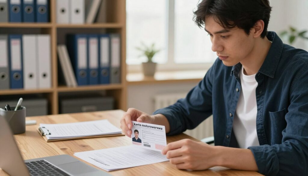 A detailed scene depicting a young adult examining a "karta motorowerowa" (moped card) in a cozy, well-lit office environment. In the foreground, the individual, dressed in smart casual attire, is sitting at a modern wooden desk, focused on a document spread out in front of them, highlighting the card's key features. The middle ground captures shelves filled with various files and binders labeled with relevant documentation, suggesting a search for information. In the background, a window allows soft natural light to fill the room, creating a warm and inviting atmosphere. The perspective should be slightly angled from above, focusing on the subject’s intent gaze at the document. The overall mood is one of determination and professionalism, reflecting the task of verifying personal documentation while surrounded by elements that imply research and diligence.