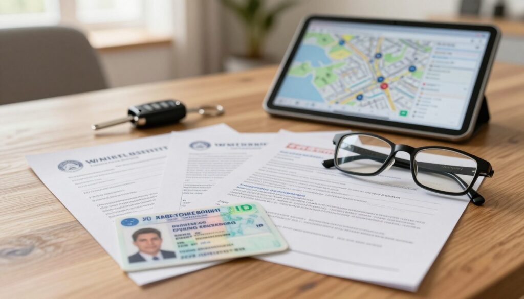 A detailed scene depicting essential driving documents laid out on a wooden table. In the foreground, a Polish driving license, an International Driving Permit (IDP), and vehicle registration documents are neatly arranged, with a pair of stylish reading glasses resting beside them. In the middle ground, a car key and a tablet open to a map can be seen, hinting at a travel theme. The background showcases a blurred view of a cozy, well-lit living room with a hint of sunlight streaming through a window, creating a warm and inviting atmosphere. The lighting is soft and natural to emphasize the documents while maintaining a professional and informative mood. The scene should evoke a sense of preparation and responsibility for safe driving. A detailed scene depicting essential driving documents laid out on a wooden table. In the foreground, a Polish driving license, an International Driving Permit (IDP), and vehicle registration documents are neatly arranged, with a pair of stylish reading glasses resting beside them. In the middle ground, a car key and a tablet open to a map can be seen, hinting at a travel theme. The background showcases a blurred view of a cozy, well-lit living room with a hint of sunlight streaming through a window, creating a warm and inviting atmosphere. The lighting is soft and natural to emphasize the documents while maintaining a professional and informative mood. The scene should evoke a sense of preparation and responsibility for safe driving.