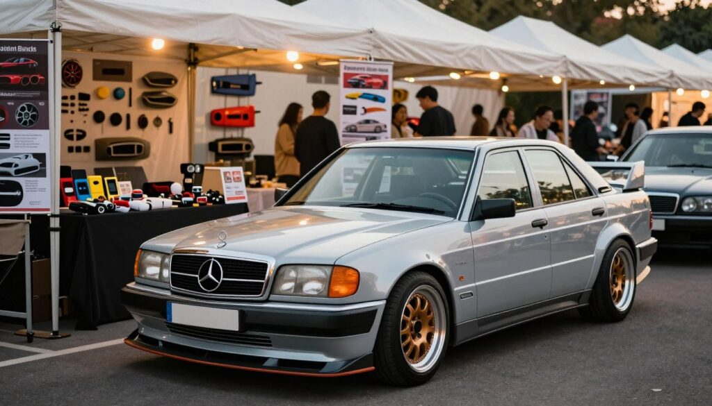 A detailed scene depicting the vibrant aftermarket body kit market for the classic Mercedes 190. In the foreground, showcase a sleek modified Mercedes 190 with an eye-catching body kit, highlighted by elegant lines and unique colors. The middle ground features a bustling market setting with various vendors displaying an array of body kits and car accessories, set against a backdrop of stylish banners and posters showcasing the products. Soft, warm lighting illuminates the scene, creating a welcoming atmosphere, while a shallow depth of field draws focus to the cars. In the background, subtle silhouettes of enthusiasts discussing modifications can be seen. Capture the essence of automotive passion and the dynamic interaction between replicas and original designs, emphasizing both nostalgia and innovation in the automotive scene. A detailed scene depicting the vibrant aftermarket body kit market for the classic Mercedes 190. In the foreground, showcase a sleek modified Mercedes 190 with an eye-catching body kit, highlighted by elegant lines and unique colors. The middle ground features a bustling market setting with various vendors displaying an array of body kits and car accessories, set against a backdrop of stylish banners and posters showcasing the products. Soft, warm lighting illuminates the scene, creating a welcoming atmosphere, while a shallow depth of field draws focus to the cars. In the background, subtle silhouettes of enthusiasts discussing modifications can be seen. Capture the essence of automotive passion and the dynamic interaction between replicas and original designs, emphasizing both nostalgia and innovation in the automotive scene.