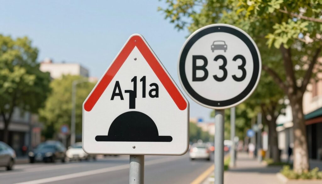 A detailed scene focused on road signs in a vibrant urban setting, encapsulating the specific traffic signs A-11a (speed bump), B-33 (maximum speed limit), and accompanying supplementary signs. In the foreground, the A-11a sign prominently displayed, illustrating a speed bump with clear curvature and symbolic representation. The B-33 sign is positioned beside it, indicating speed limits, accented by a subtle image of a car approaching. The background features a blurred city road with green trees lining the sides, conveying a warm, sunny day atmosphere. Soft, natural lighting enhances the clarity of the signs, giving a professional appearance. The angle should be slightly tilted upward, capturing the signs against a blue sky. The mood is informative and serene, emphasizing the importance of understanding these traffic signals for safe driving. A detailed scene focused on road signs in a vibrant urban setting, encapsulating the specific traffic signs A-11a (speed bump), B-33 (maximum speed limit), and accompanying supplementary signs. In the foreground, the A-11a sign prominently displayed, illustrating a speed bump with clear curvature and symbolic representation. The B-33 sign is positioned beside it, indicating speed limits, accented by a subtle image of a car approaching. The background features a blurred city road with green trees lining the sides, conveying a warm, sunny day atmosphere. Soft, natural lighting enhances the clarity of the signs, giving a professional appearance. The angle should be slightly tilted upward, capturing the signs against a blue sky. The mood is informative and serene, emphasizing the importance of understanding these traffic signals for safe driving.