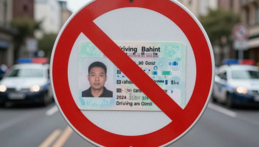 A detailed, sharp image depicting a symbolic "driving ban" scene. In the foreground, a large red circle with a diagonal slash, symbolizing a prohibition sign, prominently displayed. The middle ground features a close-up of a driver's license partially obscured by the prohibition sign, adding a sense of urgency. In the background, a blurred city street scene with a parked police car and traffic signs to indicate law enforcement's presence. The lighting is soft but focused, creating a serious atmosphere, with a slight vignette effect to emphasize the central elements. The composition conveys a sense of caution and awareness, suitable for discussing reasons behind driving bans. A detailed, sharp image depicting a symbolic "driving ban" scene. In the foreground, a large red circle with a diagonal slash, symbolizing a prohibition sign, prominently displayed. The middle ground features a close-up of a driver's license partially obscured by the prohibition sign, adding a sense of urgency. In the background, a blurred city street scene with a parked police car and traffic signs to indicate law enforcement's presence. The lighting is soft but focused, creating a serious atmosphere, with a slight vignette effect to emphasize the central elements. The composition conveys a sense of caution and awareness, suitable for discussing reasons behind driving bans.