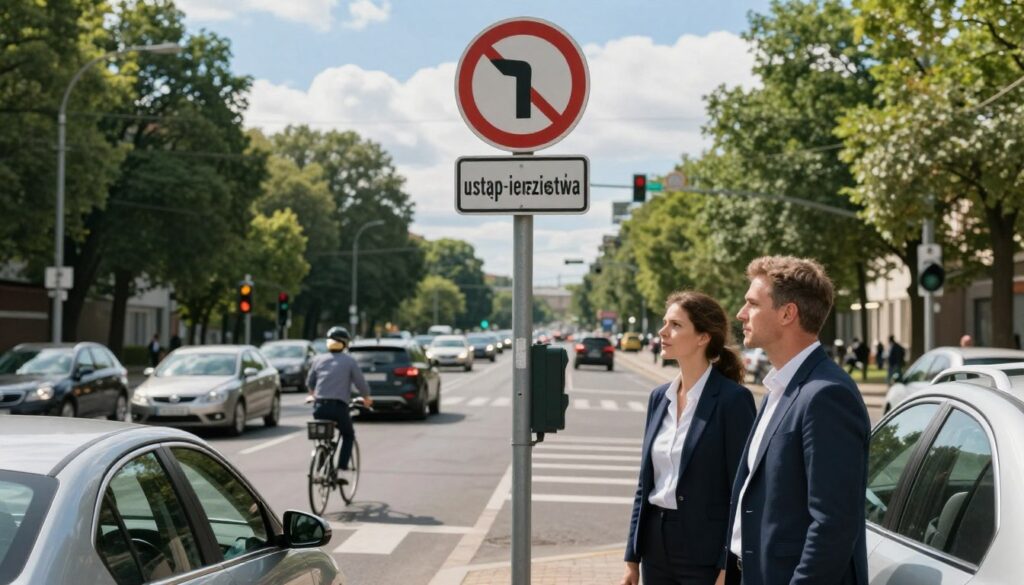 A detailed street scene at a busy intersection featuring a prominent "yield" sign, symbolizing "ustąp pierwszeństwa" (yielding the right of way). In the foreground, a well-dressed professional couple stands beside a modern vehicle, looking at traffic signals with thoughtful expressions, dressed in smart casual attire. The middle ground features a variety of vehicles such as cars and bicycles approaching the intersection, responding to the yield sign, with a tree-lined street creating a sense of urban life. The background showcases a clear blue sky with scattered clouds, radiating daylight that reflects off the cars, creating a bright and informative atmosphere. This image should capture the essence of traffic rules, emphasizing the importance of yielding in a busy urban setting.