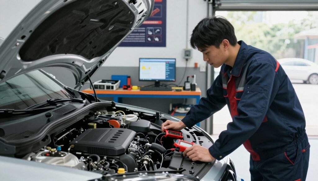 A detailed technical assessment of a vehicle's condition in a workshop setting. In the foreground, a mechanic wearing professional work attire is inspecting the engine compartment of a car, using diagnostic tools to check various components. The middle layer features a well-organized workshop with tools, parts, and a computer displaying diagnostic software, creating a sense of professionalism and expertise. The background reveals a clean, well-lit garage with posters explaining engine safety and performance metrics. Soft natural lighting streams through windows, enhancing the atmosphere of diligence. The overall mood conveys a focus on precision and care, emphasizing the relationship between vehicle condition and tuning processes.