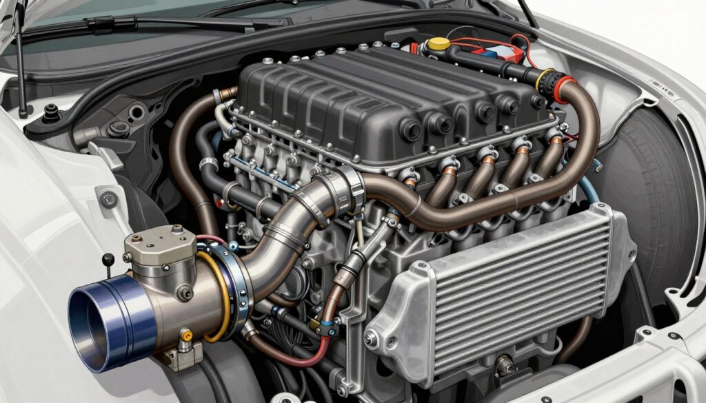 A detailed, technical illustration of an internal combustion engine's exhaust gas recirculation (EGR) system, featuring meticulously rendered components such as the EGR valve, tubing, and the intercooler. In the foreground, highlight the EGR valve with intricate details showcasing its mechanics. The middle layer should depict the engine block, emphasizing the connection between the EGR system and the intercooler, showcasing air and exhaust flow paths. In the background, include a faint outline of a vehicle chassis to provide context. The lighting should be bright, with a focus on highlighting metallic textures, and the perspective should be slightly angled to capture depth. The mood is informative and technical, reflecting advanced automotive engineering principles.