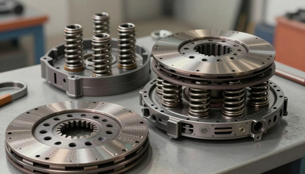 A detailed technical illustration of clutch spring discs, emphasizing the intricate structure and functioning components. In the foreground, show close-up views of the metallic clutch plates with precision details such as grooves and texture. In the middle, depict the clutch basket, showcasing the arrangement of springs and disc layers stacked together, demonstrating its mechanism. The background should feature a soft blur of a mechanical workshop, with faint outlines of tools and equipment to enhance the context. Use soft, natural lighting to create a realistic atmosphere, highlighting the metallic surfaces with reflective sheen. The image should maintain a professional and informative tone, suitable for an educational article on engine mechanics. A detailed technical illustration of clutch spring discs, emphasizing the intricate structure and functioning components. In the foreground, show close-up views of the metallic clutch plates with precision details such as grooves and texture. In the middle, depict the clutch basket, showcasing the arrangement of springs and disc layers stacked together, demonstrating its mechanism. The background should feature a soft blur of a mechanical workshop, with faint outlines of tools and equipment to enhance the context. Use soft, natural lighting to create a realistic atmosphere, highlighting the metallic surfaces with reflective sheen. The image should maintain a professional and informative tone, suitable for an educational article on engine mechanics.