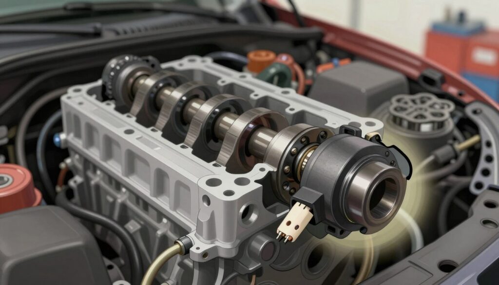 A detailed, technical illustration showing the position of a camshaft sensor within an automotive engine bay. In the foreground, focus on a closely cropped view of the camshaft sensor, highlighting its shape and electrical connectors. In the middle ground, showcase a part of the engine block and camshaft, providing context and revealing the sensor's relationship to the engine components. In the background, a blurred view of an automotive workshop with tools and parts suggests an active repair environment. Use soft, diffused lighting to enhance visibility and clarity around the sensor, creating a professional atmosphere. The angle should be slightly tilted for a dynamic feel.