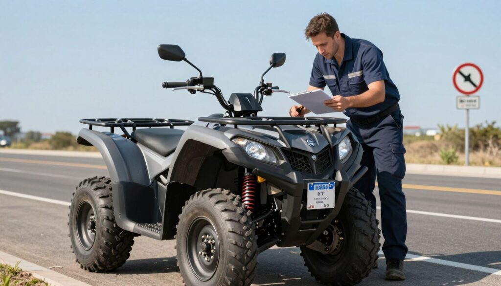 A detailed technical inspection scene featuring a quad bike parked beside a public road. In the foreground, focus on the quad's features like the tires, headlights, and registration plate, showcasing its legal compliance. In the middle, include a mechanic examining the vehicle with a clipboard and tools, dressed in professional work attire, symbolizing the technical conditions for road legality. The background should depict a clear blue sky and a well-maintained street, with road signs indicating legal restrictions for quad usage. Soft, natural lighting emphasizes a sunny day, creating an informative yet approachable atmosphere. Capture the scene from a slightly elevated angle to convey the quad's stature and importance on the road. A detailed technical inspection scene featuring a quad bike parked beside a public road. In the foreground, focus on the quad's features like the tires, headlights, and registration plate, showcasing its legal compliance. In the middle, include a mechanic examining the vehicle with a clipboard and tools, dressed in professional work attire, symbolizing the technical conditions for road legality. The background should depict a clear blue sky and a well-maintained street, with road signs indicating legal restrictions for quad usage. Soft, natural lighting emphasizes a sunny day, creating an informative yet approachable atmosphere. Capture the scene from a slightly elevated angle to convey the quad's stature and importance on the road.