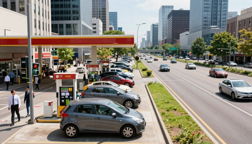 A detailed urban landscape illustrating fuel consumption in a city and on the highway. In the foreground, a compact car is parked at a city gas station surrounded by bustling streets, with a modern urban skyline in the background. On the left, the city scene features traffic lights, pedestrians in professional attire, and storefronts, while on the right showcases an open highway with vehicles cruising at high speed. The lighting is bright and clear, simulating a sunny afternoon, with vibrant colors to convey energy and motion. The angle is slightly elevated, capturing both the congested city atmosphere and the expansive, open road beyond. The mood is informative and dynamic, emphasizing the contrast between city driving and highway travel. A detailed urban landscape illustrating fuel consumption in a city and on the highway. In the foreground, a compact car is parked at a city gas station surrounded by bustling streets, with a modern urban skyline in the background. On the left, the city scene features traffic lights, pedestrians in professional attire, and storefronts, while on the right showcases an open highway with vehicles cruising at high speed. The lighting is bright and clear, simulating a sunny afternoon, with vibrant colors to convey energy and motion. The angle is slightly elevated, capturing both the congested city atmosphere and the expansive, open road beyond. The mood is informative and dynamic, emphasizing the contrast between city driving and highway travel.