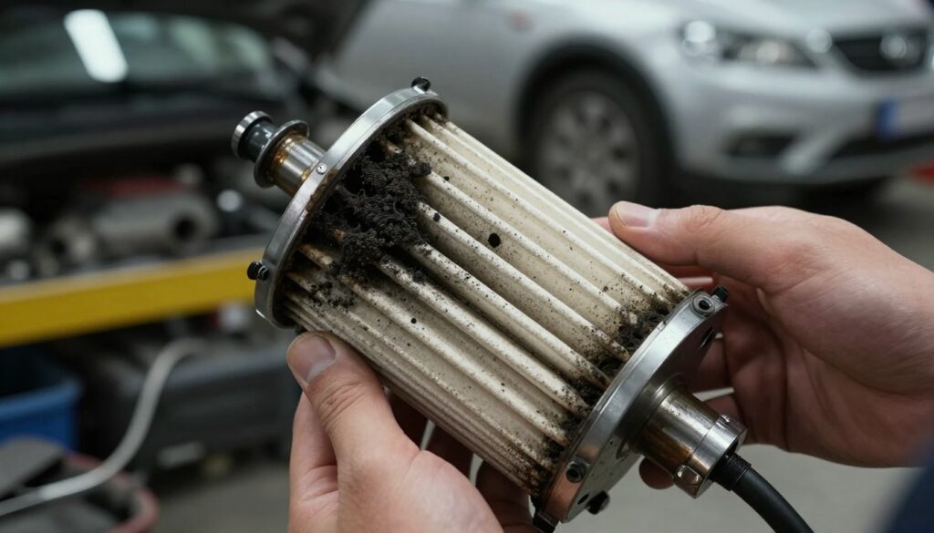 A detailed view of a DPF (Diesel Particulate Filter) showing an accumulation of soot inside, with black particulate matter visibly blocking the filter elements. In the foreground, display the DPF in a mechanic's hands, examining it closely under a bright workshop light, emphasizing the texture of the soot. In the middle ground, include a backdrop of a garage with tools and a car partially visible, indicating the context of vehicle maintenance. Soft, focused lighting highlights the fine details of the DPF's surface and the soot. The atmosphere should convey a sense of concern and urgency regarding vehicle performance, with shadows creating a serious tone. No human faces or distracting elements should be present, ensuring a professional representation.
