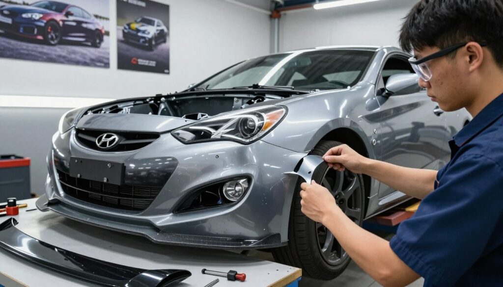 A detailed view of a Hyundai Coupe undergoing a body kit installation in a well-lit garage. In the foreground, focus on a technician wearing safety goggles and a mechanic's jumpsuit, carefully aligning a sleek body panel against the car shell. The middle ground features various tools and body kit parts, including bumpers and side skirts, arranged neatly on a workbench. The background showcases a wall with posters of modified cars and a bright overhead light illuminating the workspace, enhancing the atmosphere of professionalism. The image captures a sense of precision and focus, emphasizing the importance of careful installation to avoid misalignment and cracks. A detailed view of a Hyundai Coupe undergoing a body kit installation in a well-lit garage. In the foreground, focus on a technician wearing safety goggles and a mechanic's jumpsuit, carefully aligning a sleek body panel against the car shell. The middle ground features various tools and body kit parts, including bumpers and side skirts, arranged neatly on a workbench. The background showcases a wall with posters of modified cars and a bright overhead light illuminating the workspace, enhancing the atmosphere of professionalism. The image captures a sense of precision and focus, emphasizing the importance of careful installation to avoid misalignment and cracks.