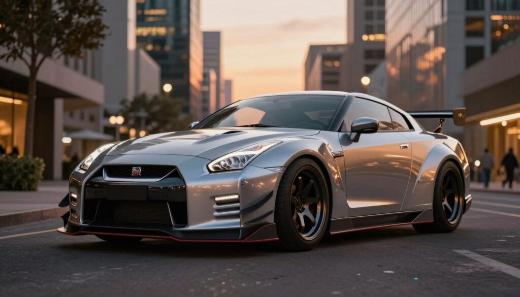 A detailed view of a Nissan GT-R fitted with two contrasting body kits, showcasing a widebody kit on one side and a subtle, sleek body kit on the other. The GT-R is parked in a stylish urban setting, surrounded by high-end buildings, with vibrant city lights illuminating the scene. The image captures the car's aggressive front bumper, sculpted fenders, and aerodynamic rear wing of the widebody kit, while the subtle side showcases smooth lines and understated enhancements of the refined kit. A warm sunset casts a golden glow over the scene, enhancing the car's metallic paint. The angle is slightly low, emphasizing the vehicle's presence, while a shallow depth of field softly blurs the bustling city background, creating an intimate yet dynamic atmosphere. A detailed view of a Nissan GT-R fitted with two contrasting body kits, showcasing a widebody kit on one side and a subtle, sleek body kit on the other. The GT-R is parked in a stylish urban setting, surrounded by high-end buildings, with vibrant city lights illuminating the scene. The image captures the car's aggressive front bumper, sculpted fenders, and aerodynamic rear wing of the widebody kit, while the subtle side showcases smooth lines and understated enhancements of the refined kit. A warm sunset casts a golden glow over the scene, enhancing the car's metallic paint. The angle is slightly low, emphasizing the vehicle's presence, while a shallow depth of field softly blurs the bustling city background, creating an intimate yet dynamic atmosphere.