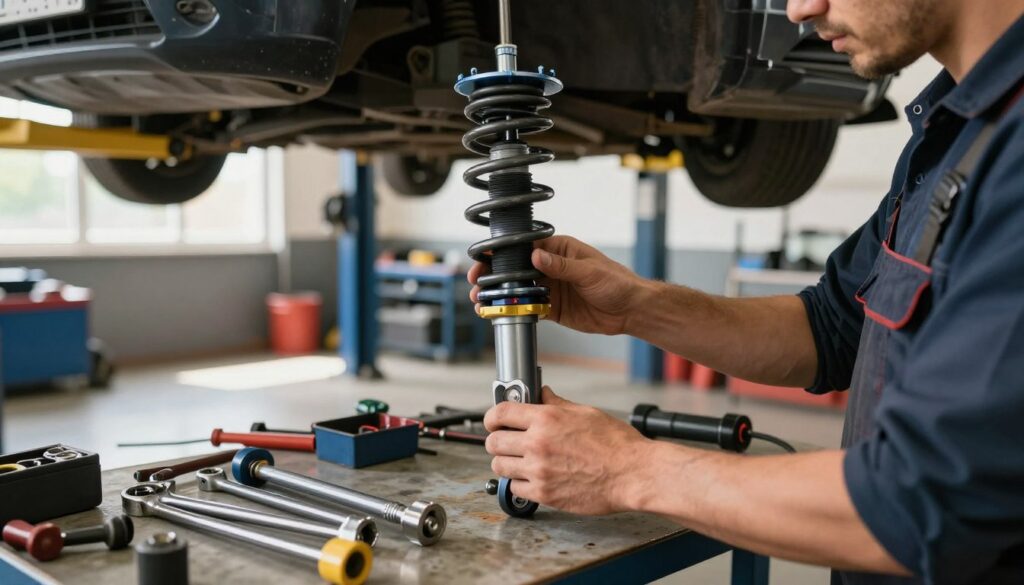 A detailed view of a car suspension system being adjusted with a focus on coilovers in a garage setting. In the foreground, a mechanic in professional attire is carefully rotating the coilover adjusting ring, showcasing precision and expertise. The middle ground includes a variety of tools and equipment, such as wrenches and measuring devices, laid out orderly on a workbench. The background features a well-lit garage with vehicle parts and an elevated car on a lift, demonstrating a busy automotive environment. Natural light streams in through a window, creating a warm and inviting atmosphere. The scene captures the essence of automotive tuning and the importance of suspension adjustments, with a focus on height and stiffness settings suitable for the unique conditions of Polish roads.