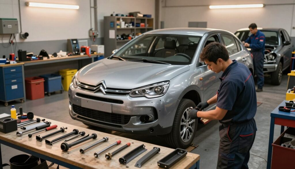A detailed view of a car workshop during the installation of a Citroën C5 body kit, showcasing a mechanic in professional work attire focused on the process. In the foreground, tools and car parts are neatly organized on a workbench. The middle ground features a partially disassembled Citroën C5 with the new body kit components laid out beside it. In the background, soft workshop lighting casts a warm glow, highlighting the busy environment filled with car maintenance equipment and another mechanic working on a different vehicle. The atmosphere is industrious, emphasizing teamwork and precision in a professional setting. Capture this scene with a slightly elevated angle for an overview, maintaining clarity and detail in each element.