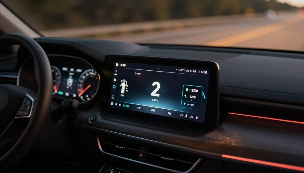 A detailed view of a car's onboard computer display showing fuel consumption metrics and other driving data. The display should be illuminated in a dimly lit vehicle cabin, with the dashboard's sleek design visible in the foreground. The middle layer features the computer screen glowing with graphs and numbers representing fuel efficiency and distance traveled. In the background, a faint outline of a realistic road can be seen through the windshield, hinting at driving conditions. The lighting is warm and inviting, creating a reflective mood, while shadows subtly enhance the modern technology theme. The camera angle is slightly tilted, offering a dynamic perspective of the dashboard. The scene should evoke a sense of contemplation and reliability in automotive data. A detailed view of a car's onboard computer display showing fuel consumption metrics and other driving data. The display should be illuminated in a dimly lit vehicle cabin, with the dashboard's sleek design visible in the foreground. The middle layer features the computer screen glowing with graphs and numbers representing fuel efficiency and distance traveled. In the background, a faint outline of a realistic road can be seen through the windshield, hinting at driving conditions. The lighting is warm and inviting, creating a reflective mood, while shadows subtly enhance the modern technology theme. The camera angle is slightly tilted, offering a dynamic perspective of the dashboard. The scene should evoke a sense of contemplation and reliability in automotive data.