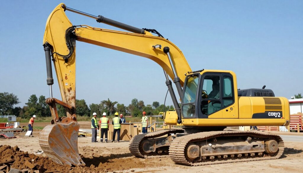 A detailed view of a construction site featuring a yellow excavator (koparka) in action, positioned prominently in the foreground. The excavator, with its articulated arm extended, is digging into the earth, showcasing its powerful bucket and hydraulic mechanisms. In the middle ground, workers in professional safety gear, such as hard hats and reflective vests, are coordinating and observing the excavation process. The background includes a clear blue sky and distant trees, establishing a natural outdoor setting. The lighting is bright and sunny, casting defined shadows to highlight the machinery's robust structure. The scene conveys a mood of industriousness and focus, reinforcing the theme of construction and machinery operation safely on public roads.