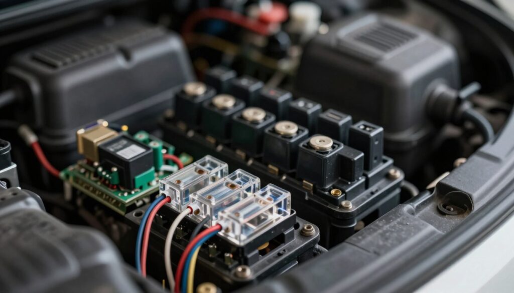 A detailed view of a vehicle's fuse box, showcasing various automotive fuses and wiring connections. In the foreground, highlight a few transparent fuses with colorful wires attached, illustrating their placement and condition. The middle ground features the open fuse box within the car's interior, surrounded by essential components like relays and circuit boards, reflecting a technical and organized environment. In the background, dimly lit cabin space enhances the focus on the fuse box, with subtle reflections from nearby metal surfaces. Use soft, focused lighting to accentuate the textures of the fuses and wires, creating a mood of meticulous inspection and hands-on troubleshooting. Capture the scene from a slightly elevated angle to project a sense of depth and accessibility. A detailed view of a vehicle's fuse box, showcasing various automotive fuses and wiring connections. In the foreground, highlight a few transparent fuses with colorful wires attached, illustrating their placement and condition. The middle ground features the open fuse box within the car's interior, surrounded by essential components like relays and circuit boards, reflecting a technical and organized environment. In the background, dimly lit cabin space enhances the focus on the fuse box, with subtle reflections from nearby metal surfaces. Use soft, focused lighting to accentuate the textures of the fuses and wires, creating a mood of meticulous inspection and hands-on troubleshooting. Capture the scene from a slightly elevated angle to project a sense of depth and accessibility.