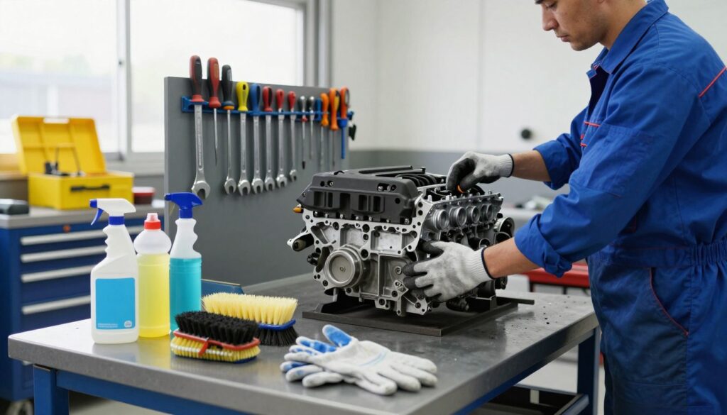 A detailed view of an auto mechanic workshop, focusing on the preparation for cleaning an engine. In the foreground, there are various cleaning supplies arranged neatly: brushes, degreasers, and safety gloves. A mechanic wearing a blue uniform and gloves is inspecting a disassembled engine on a workbench, emphasizing safety and careful handling. In the middle ground, there are tools like wrenches and screwdrivers organized on a magnetic tool holder, alongside a vibrant tool chest. The background features a well-lit garage with large windows, allowing natural light to stream in, enhancing the clean and organized atmosphere. The overall mood should feel professional, showing diligence and precision in engine maintenance. A detailed view of an auto mechanic workshop, focusing on the preparation for cleaning an engine. In the foreground, there are various cleaning supplies arranged neatly: brushes, degreasers, and safety gloves. A mechanic wearing a blue uniform and gloves is inspecting a disassembled engine on a workbench, emphasizing safety and careful handling. In the middle ground, there are tools like wrenches and screwdrivers organized on a magnetic tool holder, alongside a vibrant tool chest. The background features a well-lit garage with large windows, allowing natural light to stream in, enhancing the clean and organized atmosphere. The overall mood should feel professional, showing diligence and precision in engine maintenance.