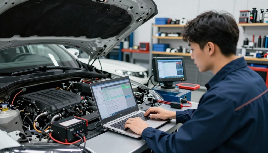 A detailed view of the chip tuning process in a modern automotive workshop, showcasing a technician in professional attire working on a car's ECU (Engine Control Unit). In the foreground, focus on the technician using a laptop connected to the vehicle, with diagnostic tools and a display of tuning software visible. The middle ground features a car on a lift with its hood open, revealing the engine, and various tuning equipment such as a dynamometer nearby. In the background, shelves filled with performance parts and tools create an organized workshop atmosphere, illuminated by bright, even lighting that highlights the precision of the work. The mood conveys professionalism and expertise in automotive technology, with a sleek and modern industrial aesthetic.