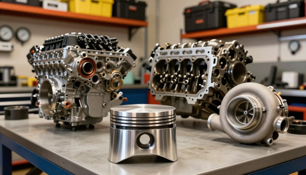 A detailed view of various engine components in a mechanical workshop, showcasing parts like pistons, crankshafts, and turbochargers. In the foreground, focus on a shiny, polished piston resting on a clean workbench, with intricate details of its design visible. The middle ground features a partially disassembled engine, allowing glimpses of wear on the gaskets and other components, highlighting the effects of increased power. In the background, shelves lined with toolboxes and gauges softly illuminated by overhead lights create a technical atmosphere. The lighting is bright yet warm, evoking a sense of professionalism and care. The image captures the essence of performance tuning, emphasizing the importance of understanding component durability and maintenance.