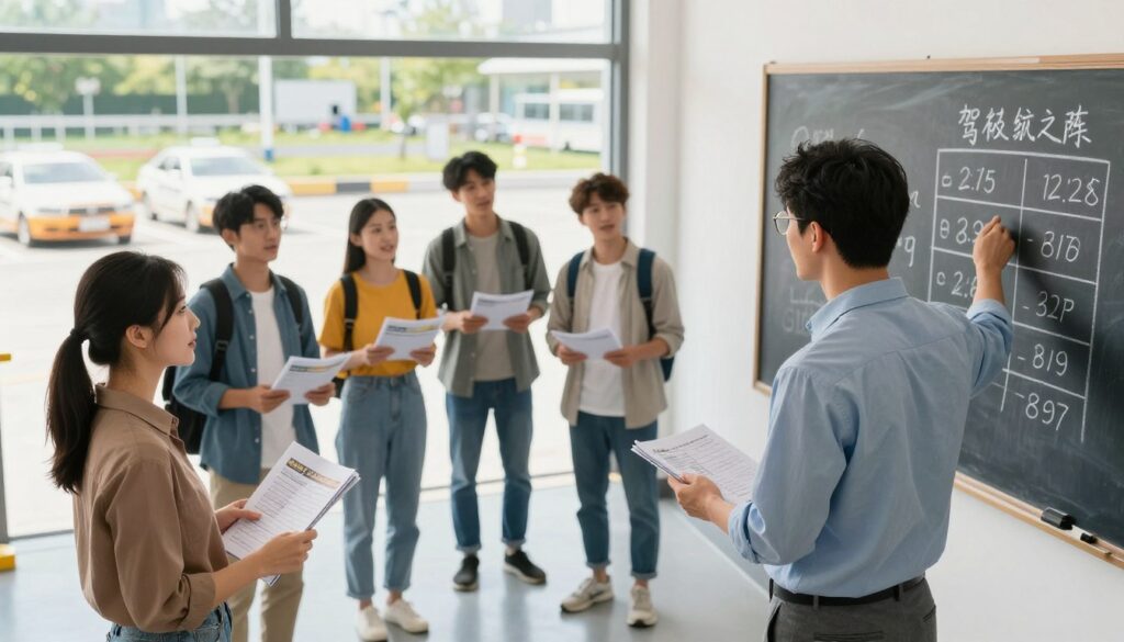 A detailed, well-organized image showcasing a driving school offering pricing information. In the foreground, a professional instructor in smart casual attire gestures towards a chalkboard filled with clear, illustrated pricing options for driving lessons, emphasizing the cost per hour. The middle ground features a diverse group of eager students in casual clothing, engaging in discussions while holding driving manuals. The background includes a modern driving school facility with cars parked outside and a sunny, inviting atmosphere. Soft, natural lighting enhances the scene, creating a friendly, educational vibe, filmed from a slightly elevated angle to capture both the instructor and students harmoniously interacting in the learning environment.