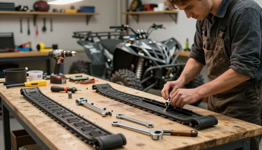 A detailed workshop scene showcasing the DIY process of making quad tracks. In the foreground, a workbench with various materials laid out: rubber tracks, metal components, and tools like wrenches and drills. A skilled mechanic, dressed modestly in casual work attire, is assembling the parts with focus. In the middle, an open quad frame is visible, partially outfitted with the newly crafted tracks. The background contains shelves filled with automotive tools and parts, with soft, warm overhead lighting illuminating the workspace, creating an industrious atmosphere. A soft focus effect enhances the feel of concentration and craftsmanship while keeping the image sharp on the manual assembly process. A detailed workshop scene showcasing the DIY process of making quad tracks. In the foreground, a workbench with various materials laid out: rubber tracks, metal components, and tools like wrenches and drills. A skilled mechanic, dressed modestly in casual work attire, is assembling the parts with focus. In the middle, an open quad frame is visible, partially outfitted with the newly crafted tracks. The background contains shelves filled with automotive tools and parts, with soft, warm overhead lighting illuminating the workspace, creating an industrious atmosphere. A soft focus effect enhances the feel of concentration and craftsmanship while keeping the image sharp on the manual assembly process.