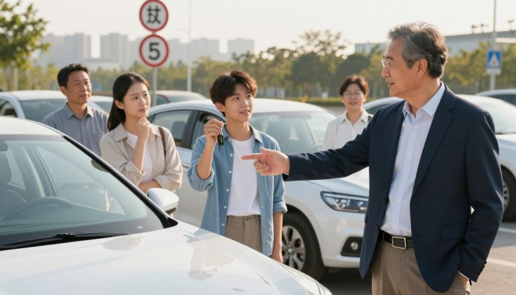 A diverse group of drivers of various ages stands alongside their cars, reflecting the theme of driver age and eligibility. In the foreground, a middle-aged man in professional attire gestures towards a sleek, modern car, while a young woman with a thoughtful expression observes. The middle ground features a teenager holding keys, symbolizing the beginning of driving independence. The background showcases a cityscape with road signs indicating age limits and driving requirements. The scene is illuminated by warm, afternoon sunlight, casting soft shadows. The mood is informative and uplifting, emphasizing the theme of accessibility in driving. The image is captured at eye level, offering a clear view of the drivers’ expressions and the vehicles they represent.