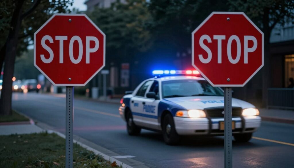 A dramatic scene depicting a car approaching a stop sign, with a blurred motion effect to illustrate speed and urgency. In the foreground, the stop sign is prominently displayed, its vivid red color contrasting sharply with the surroundings. In the middle ground, a police car with flashing lights is positioned strategically, creating a sense of impending consequences. The background features a dimly lit urban street, enhancing the tension and atmosphere of potential danger. The lighting is moody, with shadows cast by nearby trees, suggesting a late evening setting. The overall mood is serious and cautionary, reflecting the gravity of the consequences involved in failing to stop. A dramatic scene depicting a car approaching a stop sign, with a blurred motion effect to illustrate speed and urgency. In the foreground, the stop sign is prominently displayed, its vivid red color contrasting sharply with the surroundings. In the middle ground, a police car with flashing lights is positioned strategically, creating a sense of impending consequences. The background features a dimly lit urban street, enhancing the tension and atmosphere of potential danger. The lighting is moody, with shadows cast by nearby trees, suggesting a late evening setting. The overall mood is serious and cautionary, reflecting the gravity of the consequences involved in failing to stop.