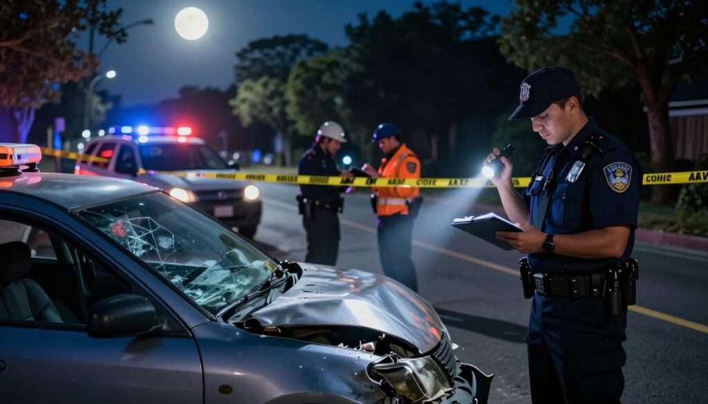 A dramatic scene depicting a car collision aftermath under moonlight, showcasing a damaged vehicle with crumpled metal and broken glass. In the foreground, a police officer in a professional uniform inspects the scene, taking notes and using a flashlight to reveal details. In the middle ground, emergency responders assess the situation, surrounded by caution tape and flashing lights from their vehicles. The background features a dimly lit street lined with trees, emphasizing the late hour. The atmosphere is tense and serious, reflecting the gravity of driving under the influence and its consequences. The lighting is moody, with highlights on the wreckage and shadows enhancing the somber tone of the situation.