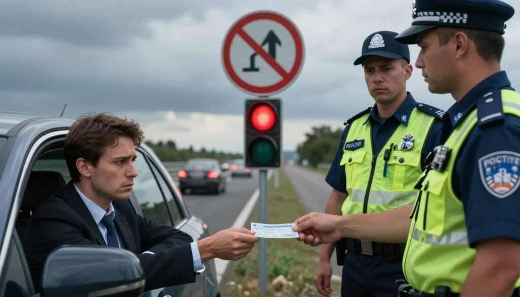 A dramatic scene illustrating the concept of "recydywa" in relation to speeding fines. In the foreground, a concerned driver, dressed in professional business attire, receives a speeding ticket from a stern police officer wearing a uniform. In the middle ground, a speed limit sign displaying a reduced speed limit and a flashing red light indicating enforcement. The background features a highway with blurred cars to imply high speed, under a cloudy sky that suggests a tense atmosphere. The lighting should be moody, with shadows cast by the overcast sky, emphasizing a sense of seriousness. Capture the moment in a slightly angled view to create depth, focusing on the emotional impact of receiving a double fine for speeding violations. A dramatic scene illustrating the concept of "recydywa" in relation to speeding fines. In the foreground, a concerned driver, dressed in professional business attire, receives a speeding ticket from a stern police officer wearing a uniform. In the middle ground, a speed limit sign displaying a reduced speed limit and a flashing red light indicating enforcement. The background features a highway with blurred cars to imply high speed, under a cloudy sky that suggests a tense atmosphere. The lighting should be moody, with shadows cast by the overcast sky, emphasizing a sense of seriousness. Capture the moment in a slightly angled view to create depth, focusing on the emotional impact of receiving a double fine for speeding violations.