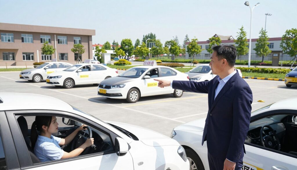 A driving instructor and a student are engaged in a practical exam at a driving school, set inside a sprawling parking lot. In the foreground, the instructor, a middle-aged man in a smart business attire, points out key driving maneuvers to the attentive student, a young woman dressed in modest casual clothing. In the middle ground, various driving cars with 'Student Driver' signs are positioned, showcasing a mix of traditional and modern vehicles, creating a sense of activity. The background reveals the driving school building and well-maintained greenery under a bright, sunny sky, illuminating the scene with soft natural light. The atmosphere is focused and professional, evoking a sense of learning and preparation for the driving test.