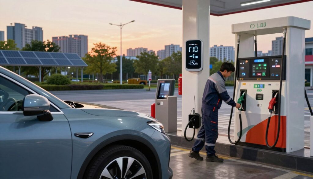 A dynamic automotive scene showcasing a modern car parked at a fuel pump with a digital fuel gauge displaying low consumption levels. In the foreground, the car’s sleek design highlights efficiency, with the focus on energy-saving features like aerodynamic curves and optimized tires. In the middle, a mechanic in professional attire examines the car’s engine, using advanced tuning tools amidst a backdrop of eco-friendly automotive technology. In the background, a vibrant urban landscape implies progress and innovation, accompanied by trees and solar panels that enhance the sustainable mood. Soft evening lighting casts a warm glow, encapsulating the theme of fuel efficiency alternatives and innovations in a hopeful, futuristic atmosphere. A dynamic automotive scene showcasing a modern car parked at a fuel pump with a digital fuel gauge displaying low consumption levels. In the foreground, the car’s sleek design highlights efficiency, with the focus on energy-saving features like aerodynamic curves and optimized tires. In the middle, a mechanic in professional attire examines the car’s engine, using advanced tuning tools amidst a backdrop of eco-friendly automotive technology. In the background, a vibrant urban landscape implies progress and innovation, accompanied by trees and solar panels that enhance the sustainable mood. Soft evening lighting casts a warm glow, encapsulating the theme of fuel efficiency alternatives and innovations in a hopeful, futuristic atmosphere.