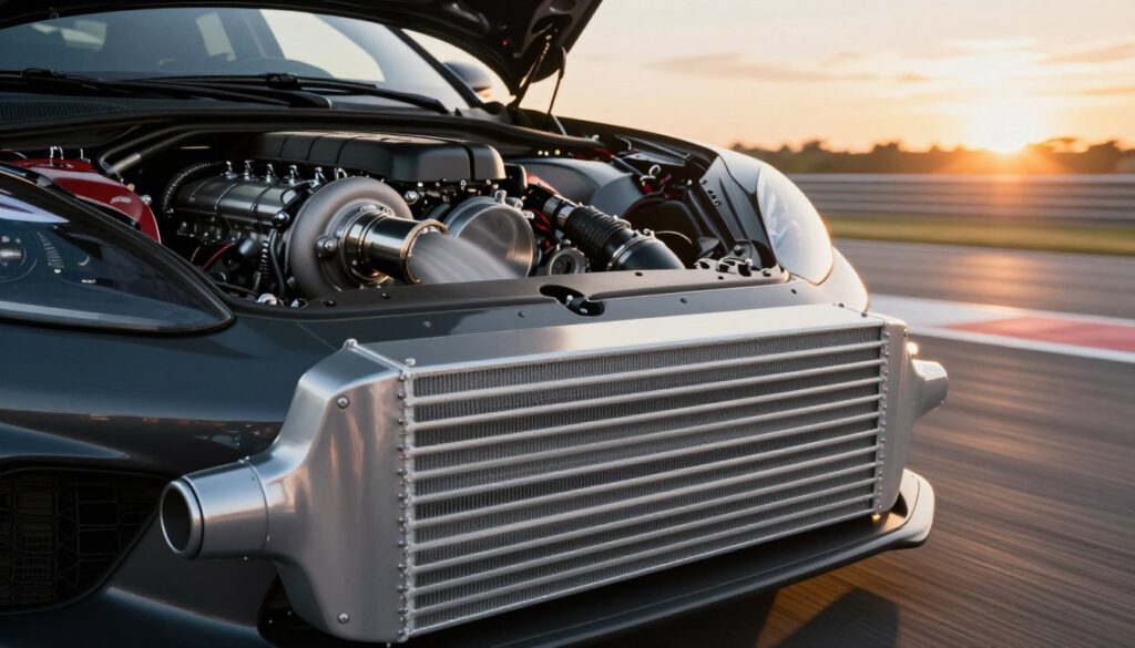 A dynamic automotive scene showcasing a sleek, high-performance intercooler prominently featured in the foreground, illuminated by dramatic side lighting that highlights its metallic texture and intricate details. In the middle ground, a powerful engine bay in a modern sports car, with the intercooler connected to the turbocharged engine, showing a flow of air enhancing performance. The background should be a blurred racetrack, emphasizing speed and power, with a glowing sunset casting warm hues. This image should evoke a sense of advanced engineering and performance potential, capturing the essence of how an intercooler influences engine power. The overall atmosphere should be energetic and technical, appealing to automotive enthusiasts.