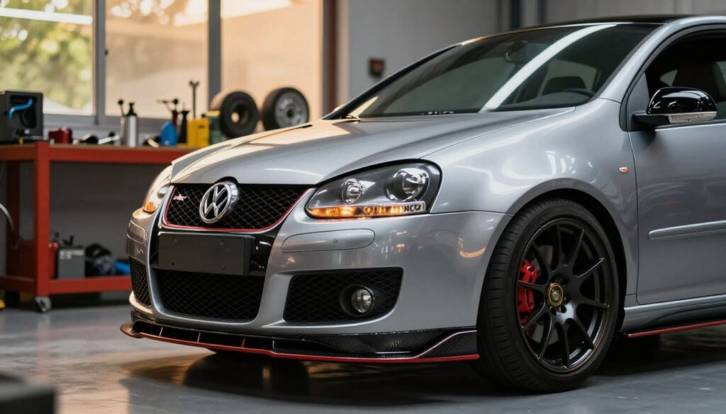 A dynamic composition featuring a sleek Golf 5 model showcasing a premium body kit designed for OEM+ and sporty styles. In the foreground, highlight the car's detailed front bumper and side skirts, emphasizing aerodynamic curves and sporty accents. The middle ground includes a vibrant workshop setting, with tools and car parts subtly suggested to imply customization options. In the background, soft shadows and ambient lighting create a professional atmosphere, with a hint of greenery outside a workshop window. The scene is illuminated by warm, diffused lighting, enhancing the car's glossy finish and reflecting the meticulous craftsmanship of top brands. The mood is one of innovation and style, appealing to enthusiasts interested in performance and aesthetics. A dynamic composition featuring a sleek Golf 5 model showcasing a premium body kit designed for OEM+ and sporty styles. In the foreground, highlight the car's detailed front bumper and side skirts, emphasizing aerodynamic curves and sporty accents. The middle ground includes a vibrant workshop setting, with tools and car parts subtly suggested to imply customization options. In the background, soft shadows and ambient lighting create a professional atmosphere, with a hint of greenery outside a workshop window. The scene is illuminated by warm, diffused lighting, enhancing the car's glossy finish and reflecting the meticulous craftsmanship of top brands. The mood is one of innovation and style, appealing to enthusiasts interested in performance and aesthetics.