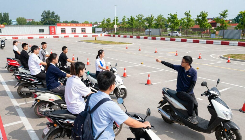 A dynamic driving course scene depicting a "kurs AM placu manewrowym" at an outdoor training facility. In the foreground, a diverse group of learners, dressed in smart casual attire, is attentively listening to an instructor pointing at a small motorcycle and a scooter on a designated maneuvering area. The middle ground features traffic cones arranged in a clear pattern for practice, along with a marked course layout. In the background, a bright blue sky and green trees frame the scene, creating an inviting atmosphere. Soft daylight casts gentle shadows, highlighting the excitement and focus of the learners. The angle is slightly elevated, capturing both the instructor's guidance and the participants' engagement with the vehicles. The image should radiate a sense of professionalism and enthusiasm for learning to ride.