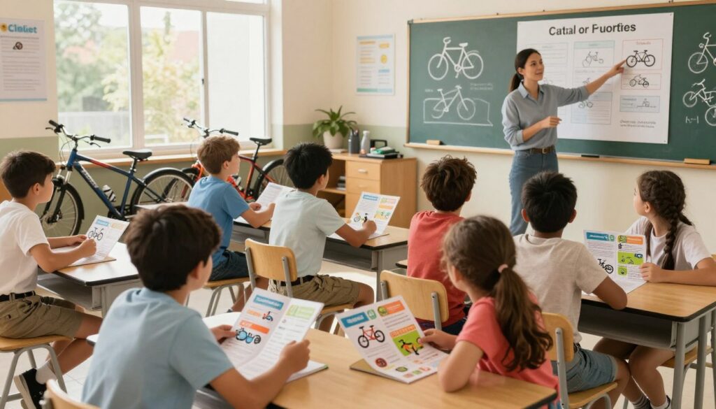 A dynamic scene capturing a cycling exam environment, showcasing a diverse group of children, aged 10-12, sitting at desks arranged in a classroom setting. The foreground features focused students, studying a colorful bicycle safety brochure, while a knowledgeable instructor stands at the front, pointing to a large poster of bicycle rules on the wall. In the middle ground, a couple of students are being quizzed, with bicycles parked neatly outside the classroom window, illuminated by warm, natural lighting. The background shows a chalkboard with diagrams of key biking safety concepts. The atmosphere is encouraging and educational, conveying a sense of achievement and community. The image should be bright and inviting, suggesting a positive learning experience.