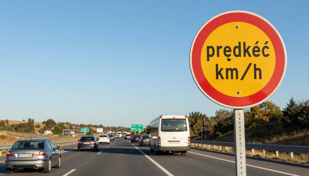 A dynamic scene depicting a highway entrance with a speed limit sign displaying "prędkość km/h" prominently in the foreground. The sign's vibrant colors attract immediate attention, set against a clear blue sky. In the middle ground, clearly visible vehicles line up, showcasing various types such as cars and buses, highlighting a subtle confusion among drivers regarding highway entry rules. The background features a typical highway landscape with distant exit signs and rolling hills under bright sunlight, creating a warm and inviting atmosphere. The angle is slightly elevated to capture the scene's fullness, while soft shadows add depth. The overall mood conveys a mix of curiosity and caution, reflecting common driver doubts about highway regulations. A dynamic scene depicting a highway entrance with a speed limit sign displaying "prędkość km/h" prominently in the foreground. The sign's vibrant colors attract immediate attention, set against a clear blue sky. In the middle ground, clearly visible vehicles line up, showcasing various types such as cars and buses, highlighting a subtle confusion among drivers regarding highway entry rules. The background features a typical highway landscape with distant exit signs and rolling hills under bright sunlight, creating a warm and inviting atmosphere. The angle is slightly elevated to capture the scene's fullness, while soft shadows add depth. The overall mood conveys a mix of curiosity and caution, reflecting common driver doubts about highway regulations.