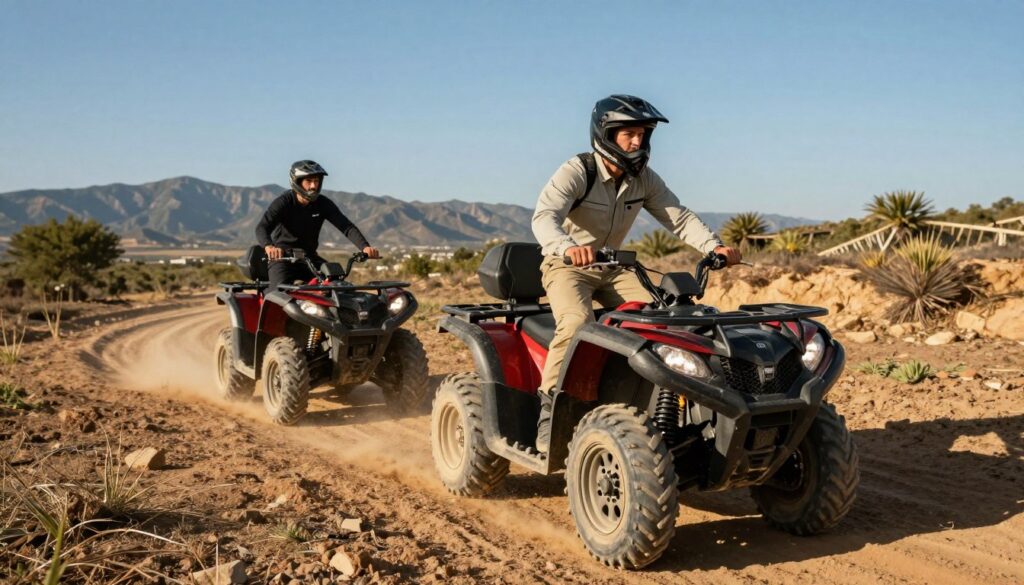 A dynamic scene depicting versatility during riding, showcasing both a one-piece and a two-piece riding suit on an ATV in action. In the foreground, a confident rider in professional, modest riding attire navigates through rugged terrain, displaying skill and control. The middle ground features a scenic landscape with a mix of dirt trails and sparse vegetation, highlighting the adventurous spirit of ATV riding. The background shows a distant mountainous horizon under a clear blue sky, adding depth to the composition. Warm sunlight casts dramatic shadows, emphasizing the texture of the terrain and the gear. The atmosphere is exhilarating and rugged, capturing the essence of recreational and trail riding. A dynamic scene depicting versatility during riding, showcasing both a one-piece and a two-piece riding suit on an ATV in action. In the foreground, a confident rider in professional, modest riding attire navigates through rugged terrain, displaying skill and control. The middle ground features a scenic landscape with a mix of dirt trails and sparse vegetation, highlighting the adventurous spirit of ATV riding. The background shows a distant mountainous horizon under a clear blue sky, adding depth to the composition. Warm sunlight casts dramatic shadows, emphasizing the texture of the terrain and the gear. The atmosphere is exhilarating and rugged, capturing the essence of recreational and trail riding.