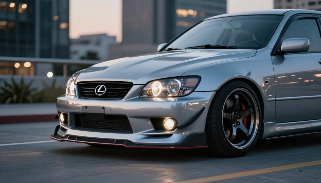 A dynamic scene featuring a Lexus IS 200 equipped with an impressive body kit, showcasing its sleek lines and sporty details. The foreground highlights the car, positioned at an angle that emphasizes the contours of the bumper, side skirts, and rear diffuser, with a low camera angle to add an aggressive stance. In the middle ground, a blurred urban setting enhances the modern feel, with soft city lights twinkling in the background during dusk to evoke a sophisticated ambiance. The lighting is dramatic, with highlights reflecting off the car's glossy finish, creating a sense of depth and focus. The mood is energetic and stylish, representing the perfect blend of sportiness and elegance that a body kit can provide.