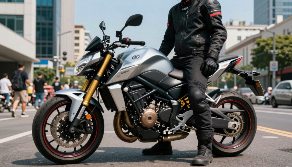A dynamic scene featuring a model beside a naked bike in an urban environment, highlighting the bike's sleek design and versatility for a rider standing at 170 cm tall. The foreground includes the motorcycle with a polished finish, showcasing its lightweight frame and agile features. The model, dressed in practical riding gear, stands confidently next to the bike, demonstrating the ideal riding posture. In the middle ground, a lively city street can be seen, bustling with activity, while the background features modern buildings and clear blue skies, creating a vibrant, energetic atmosphere. The lighting is bright and natural, emphasizing the motorcycle's details, captured from a low angle to enhance its presence and appeal to urban riders seeking agility in both city and open road settings. A dynamic scene featuring a model beside a naked bike in an urban environment, highlighting the bike's sleek design and versatility for a rider standing at 170 cm tall. The foreground includes the motorcycle with a polished finish, showcasing its lightweight frame and agile features. The model, dressed in practical riding gear, stands confidently next to the bike, demonstrating the ideal riding posture. In the middle ground, a lively city street can be seen, bustling with activity, while the background features modern buildings and clear blue skies, creating a vibrant, energetic atmosphere. The lighting is bright and natural, emphasizing the motorcycle's details, captured from a low angle to enhance its presence and appeal to urban riders seeking agility in both city and open road settings.