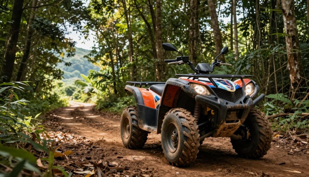 A dynamic scene featuring a quad bike in a lush forest, showcasing its rugged design and colorful exterior. In the foreground, the quad is parked on a rich, earthy surface, displaying intricate details like mud splatters and shiny metallic parts. The middle ground captures a winding forest path surrounded by tall trees, with sunlight filtering through the leaves, creating a warm, dappled lighting effect. In the background, hints of rolling hills can be seen, adding depth to the scene. The atmosphere conveys a sense of adventure and the thrill of off-road exploration, inviting viewers to consider the legal aspects of quad riding in natural environments. The composition is captured from a slightly low angle to emphasize the quad's imposing presence amidst nature. A dynamic scene featuring a quad bike in a lush forest, showcasing its rugged design and colorful exterior. In the foreground, the quad is parked on a rich, earthy surface, displaying intricate details like mud splatters and shiny metallic parts. The middle ground captures a winding forest path surrounded by tall trees, with sunlight filtering through the leaves, creating a warm, dappled lighting effect. In the background, hints of rolling hills can be seen, adding depth to the scene. The atmosphere conveys a sense of adventure and the thrill of off-road exploration, inviting viewers to consider the legal aspects of quad riding in natural environments. The composition is captured from a slightly low angle to emphasize the quad's imposing presence amidst nature.
