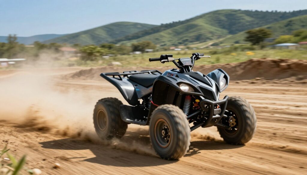 A dynamic scene of a high-performance quad bike racing on an open dirt track, illustrating speed with a blurred background, indicating rapid movement. In the foreground, the quad is sleek and modern, showcasing aerodynamic design features and visible speed indicators displaying "prędkość km/h." The sunlight casts dramatic shadows, enhancing the contours of the vehicle. In the middle ground, dust trails billow up from the tires as the quad accelerates, and there are green hills in the background under a clear blue sky. The atmosphere is energetic and thrilling, emphasizing the excitement of off-road racing while focusing on the concept of speed. Use a wide-angle lens to capture the motion and depth in the scene. A dynamic scene of a high-performance quad bike racing on an open dirt track, illustrating speed with a blurred background, indicating rapid movement. In the foreground, the quad is sleek and modern, showcasing aerodynamic design features and visible speed indicators displaying "prędkość km/h." The sunlight casts dramatic shadows, enhancing the contours of the vehicle. In the middle ground, dust trails billow up from the tires as the quad accelerates, and there are green hills in the background under a clear blue sky. The atmosphere is energetic and thrilling, emphasizing the excitement of off-road racing while focusing on the concept of speed. Use a wide-angle lens to capture the motion and depth in the scene.