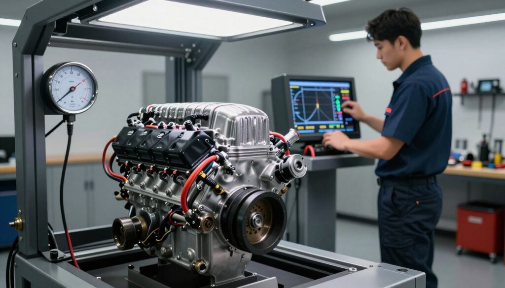 A dynamic scene showcasing a high-performance car engine on a sophisticated engine dyno, with visible gauges measuring horsepower and torque. In the foreground, the engine is intricately detailed, featuring polished metal parts, vibrant wires, and a sleek design, illuminated by bright overhead lights that accentuate its contours. In the middle ground, a technician in professional attire is adjusting settings on the dyno, focused and precise. The background includes a clean, modern workshop with tools neatly arranged and soft ambient lighting to create a professional atmosphere. The overall mood conveys excitement and innovation, emphasizing the effects of chip tuning on engine performance, with a focus on power, torque, and enhanced capabilities. A dynamic scene showcasing a high-performance car engine on a sophisticated engine dyno, with visible gauges measuring horsepower and torque. In the foreground, the engine is intricately detailed, featuring polished metal parts, vibrant wires, and a sleek design, illuminated by bright overhead lights that accentuate its contours. In the middle ground, a technician in professional attire is adjusting settings on the dyno, focused and precise. The background includes a clean, modern workshop with tools neatly arranged and soft ambient lighting to create a professional atmosphere. The overall mood conveys excitement and innovation, emphasizing the effects of chip tuning on engine performance, with a focus on power, torque, and enhanced capabilities.