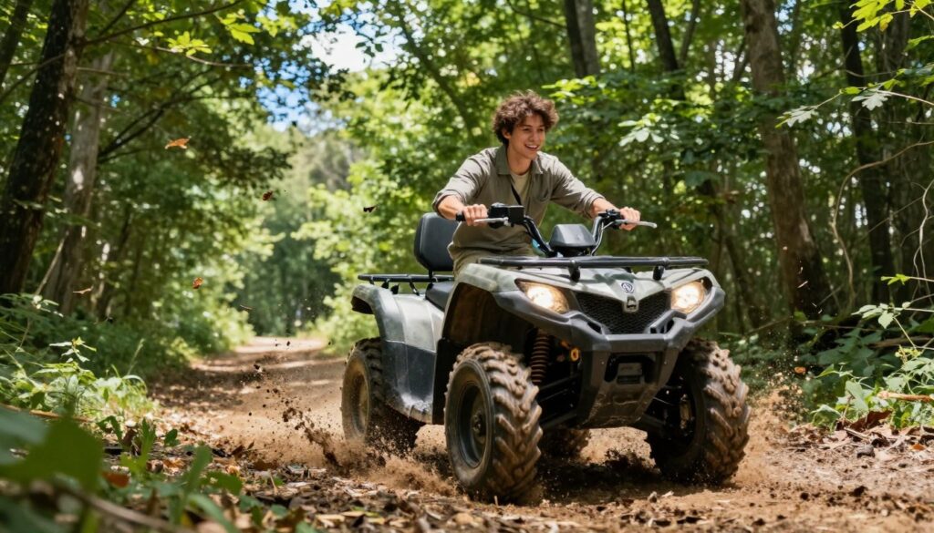 A dynamic scene showcasing a young adult, dressed in modest casual clothing, confidently riding an all-terrain vehicle (quad) on a forest path. In the foreground, focus on the quad, its rugged tires splashing through mud, with leaves and branches scattering around. The rider is smiling, embodying the joy of outdoor adventure. In the middle ground, a lush, green forest surrounds the path, filtered sunlight beaming through the trees, creating dappled light patterns on the ground. In the background, a clear blue sky peeks through the canopy, enhancing the vibrant, natural atmosphere. The overall mood is exhilarating and carefree, perfect for illustrating the essence of outdoor adventure at the legal riding age. The image is well-lit to highlight the rider's excitement and the quad's details, captured from a slightly low angle to emphasize the action. A dynamic scene showcasing a young adult, dressed in modest casual clothing, confidently riding an all-terrain vehicle (quad) on a forest path. In the foreground, focus on the quad, its rugged tires splashing through mud, with leaves and branches scattering around. The rider is smiling, embodying the joy of outdoor adventure. In the middle ground, a lush, green forest surrounds the path, filtered sunlight beaming through the trees, creating dappled light patterns on the ground. In the background, a clear blue sky peeks through the canopy, enhancing the vibrant, natural atmosphere. The overall mood is exhilarating and carefree, perfect for illustrating the essence of outdoor adventure at the legal riding age. The image is well-lit to highlight the rider's excitement and the quad's details, captured from a slightly low angle to emphasize the action.