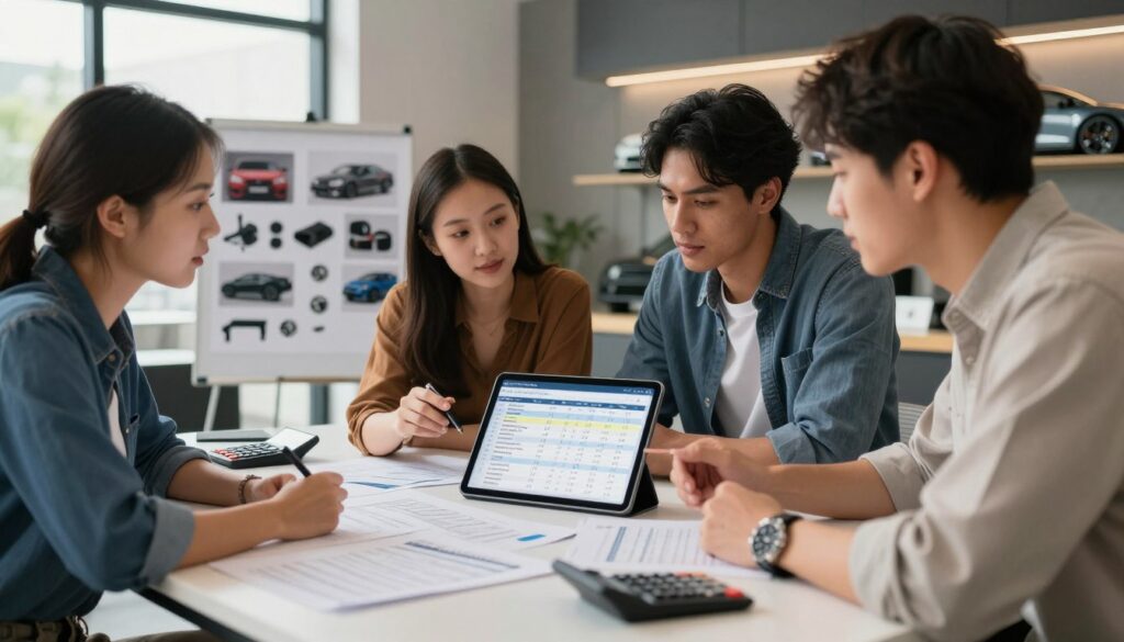 A focused, modern workspace featuring a diverse group of three professionals, two men and one woman, engaged in planning a budget for car modifications. The foreground displays a large table filled with documents, calculators, and a digital tablet showcasing a detailed budget spreadsheet. In the middle ground, a vision board displays images of various car parts and accessories, symbolizing potential modifications. The background includes a sleek automotive-themed décor, with a large window allowing natural light to illuminate the scene, creating a warm and inviting atmosphere. The professionals are dressed in smart casual attire, actively discussing and considering cost-effective options, conveying an atmosphere of collaboration and strategic planning. The image should evoke a sense of focus and professionalism, suitable for an article about budgeting for car tuning.