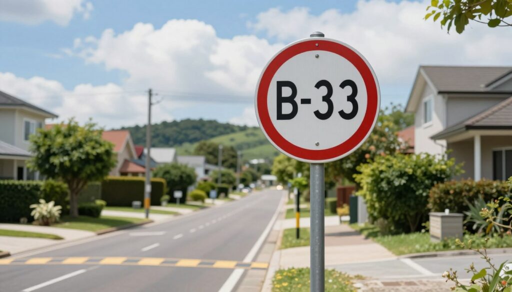 A focused scene depicting a speed limit road sign "B-33" prominently placed in the foreground, with a clear, bright day providing excellent natural lighting. The sign is positioned at the entrance of a residential area with visible speed bumps nearby, emphasizing the topic of speed regulation. In the middle ground, a smooth asphalt road stretches into the distance, flanked by well-maintained greenery and modest houses. The background features a slight hill, under a blue sky with fluffy white clouds. The perspective is slightly low, capturing the sign's details and the surrounding environment, creating a calm and informative atmosphere to illustrate the importance of understanding speed limit signs. The composition is devoid of any text or distractions, ensuring a clean and professional image. A focused scene depicting a speed limit road sign "B-33" prominently placed in the foreground, with a clear, bright day providing excellent natural lighting. The sign is positioned at the entrance of a residential area with visible speed bumps nearby, emphasizing the topic of speed regulation. In the middle ground, a smooth asphalt road stretches into the distance, flanked by well-maintained greenery and modest houses. The background features a slight hill, under a blue sky with fluffy white clouds. The perspective is slightly low, capturing the sign's details and the surrounding environment, creating a calm and informative atmosphere to illustrate the importance of understanding speed limit signs. The composition is devoid of any text or distractions, ensuring a clean and professional image.