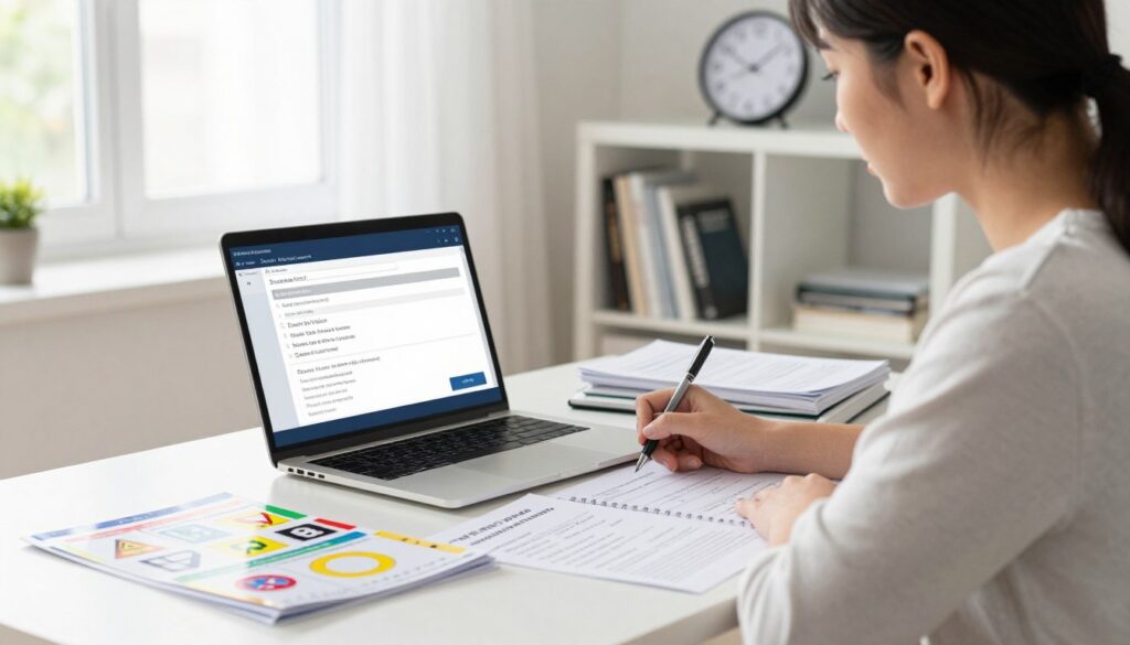 A focused study scene depicting a learner driver preparing for their driving theory exam. In the foreground, a young adult woman in modest casual clothing sits at a desk covered with driving manuals and notes, intently studying with a pen in hand. The middle area features an open laptop displaying a mock driving theory test interface, along with colorful flashcards showing traffic signs and rules. In the background, a bright, well-lit room with a bookshelf filled with driving books and a wall clock indicating time pressure, conveying a sense of urgency. Soft, natural lighting filters through a window, creating an encouraging and motivational atmosphere ideal for effective learning. The overall mood is one of concentration and determination, emphasizing the theme of studying rules rather than memorizing answers.