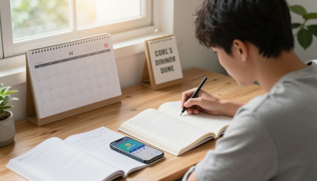 A focused study scene set in a cozy, well-lit room, depicting a young adult of Asian descent sitting at a wooden desk, surrounded by open books and study materials related to driving theory. In the foreground, a notebook filled with neatly written notes and a smartphone displaying a study app. In the middle, a wall-mounted calendar showing a study schedule and a motivational quote. The background features a window allowing warm sunlight to stream in, adding a comforting atmosphere. Use soft, natural lighting to create an inviting mood, and ensure the angle captures the subject's determination as they prepare for their driving exam. The overall composition should inspire a sense of productivity and effective learning. A focused study scene set in a cozy, well-lit room, depicting a young adult of Asian descent sitting at a wooden desk, surrounded by open books and study materials related to driving theory. In the foreground, a notebook filled with neatly written notes and a smartphone displaying a study app. In the middle, a wall-mounted calendar showing a study schedule and a motivational quote. The background features a window allowing warm sunlight to stream in, adding a comforting atmosphere. Use soft, natural lighting to create an inviting mood, and ensure the angle captures the subject's determination as they prepare for their driving exam. The overall composition should inspire a sense of productivity and effective learning.