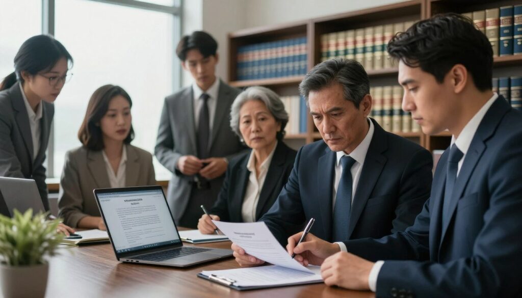 A formal scene in an office setting, featuring a diverse group of professionals discussing a traffic citation case. In the foreground, a middle-aged man in a suit is signing a citation document with a serious expression, while a woman in a blouse stands beside him, looking intently at the paperwork. In the middle ground, a diverse group of colleagues, including a young man and an older woman, are engaged in conversation, gesturing towards a laptop displaying legal documents related to traffic violations. The background shows a law office with bookshelves filled with legal texts and a large window letting in soft, natural light, creating a professional and focused atmosphere. The overall mood is one of seriousness and determination, emphasizing the importance of understanding legal rights and outcomes after a traffic incident. A formal scene in an office setting, featuring a diverse group of professionals discussing a traffic citation case. In the foreground, a middle-aged man in a suit is signing a citation document with a serious expression, while a woman in a blouse stands beside him, looking intently at the paperwork. In the middle ground, a diverse group of colleagues, including a young man and an older woman, are engaged in conversation, gesturing towards a laptop displaying legal documents related to traffic violations. The background shows a law office with bookshelves filled with legal texts and a large window letting in soft, natural light, creating a professional and focused atmosphere. The overall mood is one of seriousness and determination, emphasizing the importance of understanding legal rights and outcomes after a traffic incident.