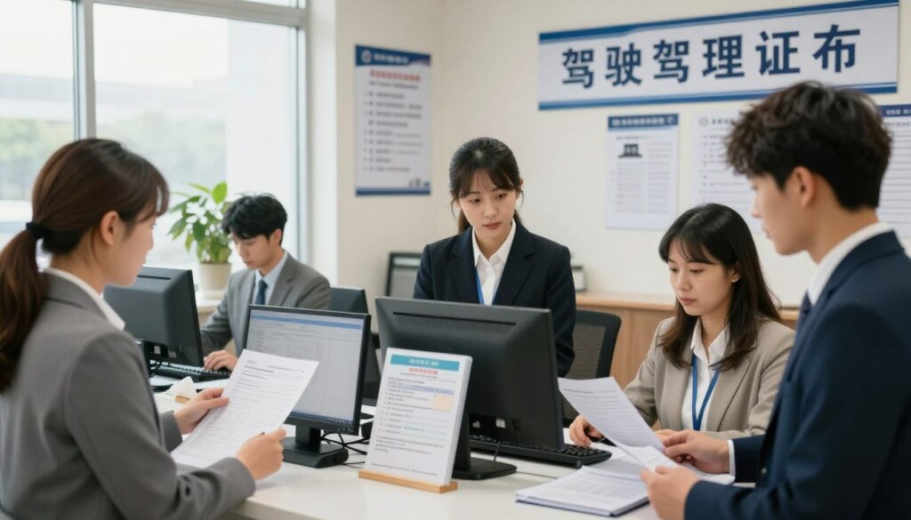 A government office interior with a focus on the application process for a driver's license. In the foreground, a diverse group of individuals in business attire, including a middle-aged woman holding documents and a young man using a computer at a reception desk. In the middle, an official behind the counter assisting another applicant, with various forms and brochures neatly displayed. The background features posters about driving regulations and a large sign indicating the driver's license application area. Soft, natural lighting coming from large windows creates a welcoming atmosphere. Shot at eye level for an engaging perspective, emphasizing professionalism and approachability. A government office interior with a focus on the application process for a driver's license. In the foreground, a diverse group of individuals in business attire, including a middle-aged woman holding documents and a young man using a computer at a reception desk. In the middle, an official behind the counter assisting another applicant, with various forms and brochures neatly displayed. The background features posters about driving regulations and a large sign indicating the driver's license application area. Soft, natural lighting coming from large windows creates a welcoming atmosphere. Shot at eye level for an engaging perspective, emphasizing professionalism and approachability.